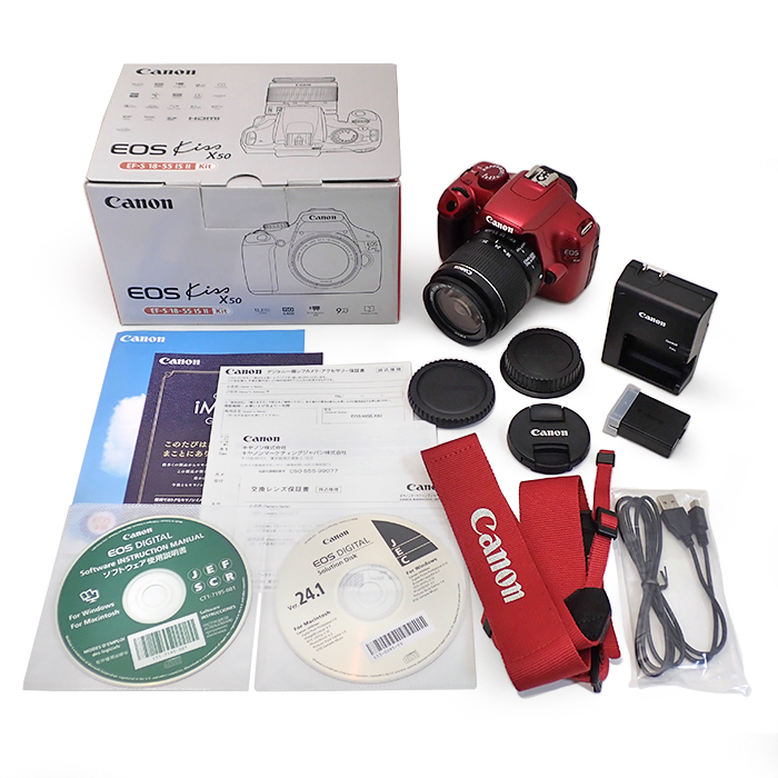 キヤノン(Canon) EOS KISS X50 デジタル一眼レフカメラ EF-S 18-55 IS Ⅱ レンズキット 箱付き レッド