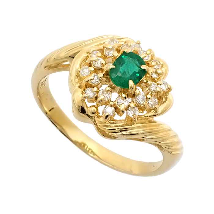 K18 エメラルド・ダイヤモンド 指輪 9号 リング 花 フラワーモチーフ ゴールド