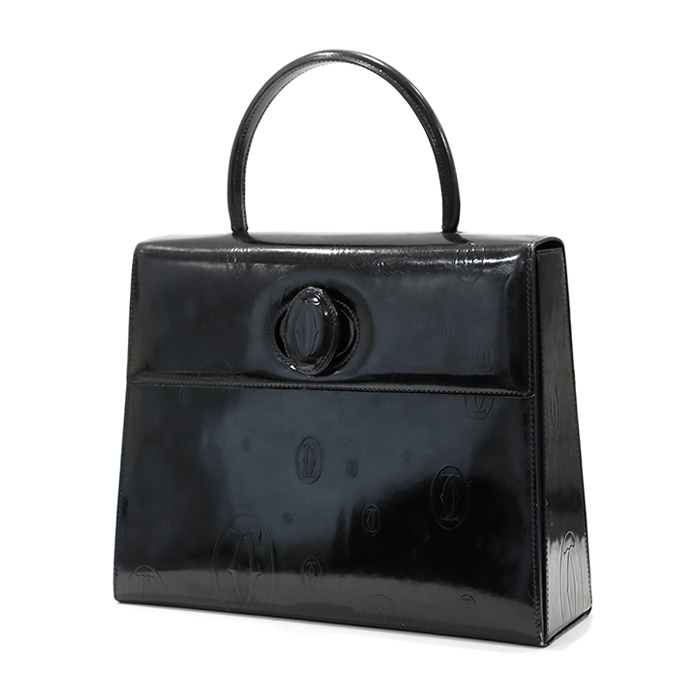 カルティエ(Cartier) ハッピーバースデー ハンドバッグ ロゴ型押し レザー エナメル カード付き ブラック